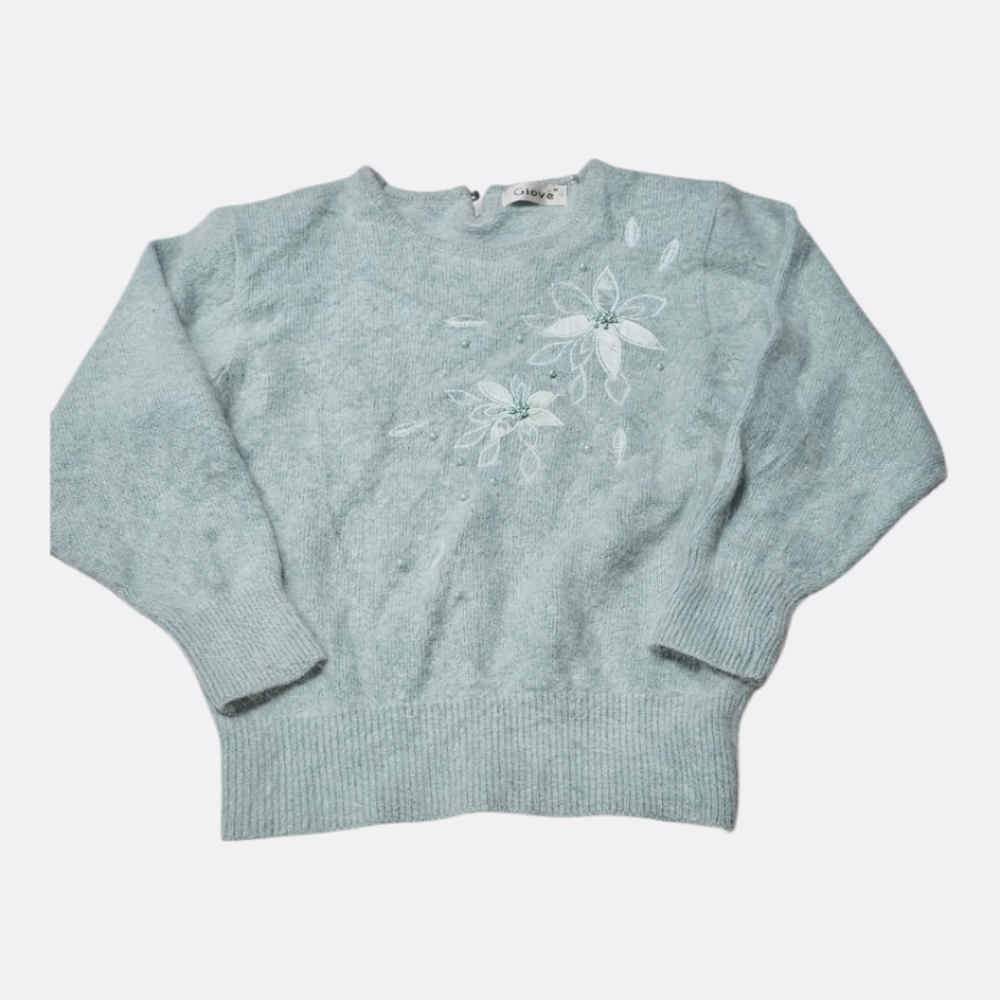 Vintage Hair Blend Sweater Medium Mint Pearl Flower Sweater Hipster 80s